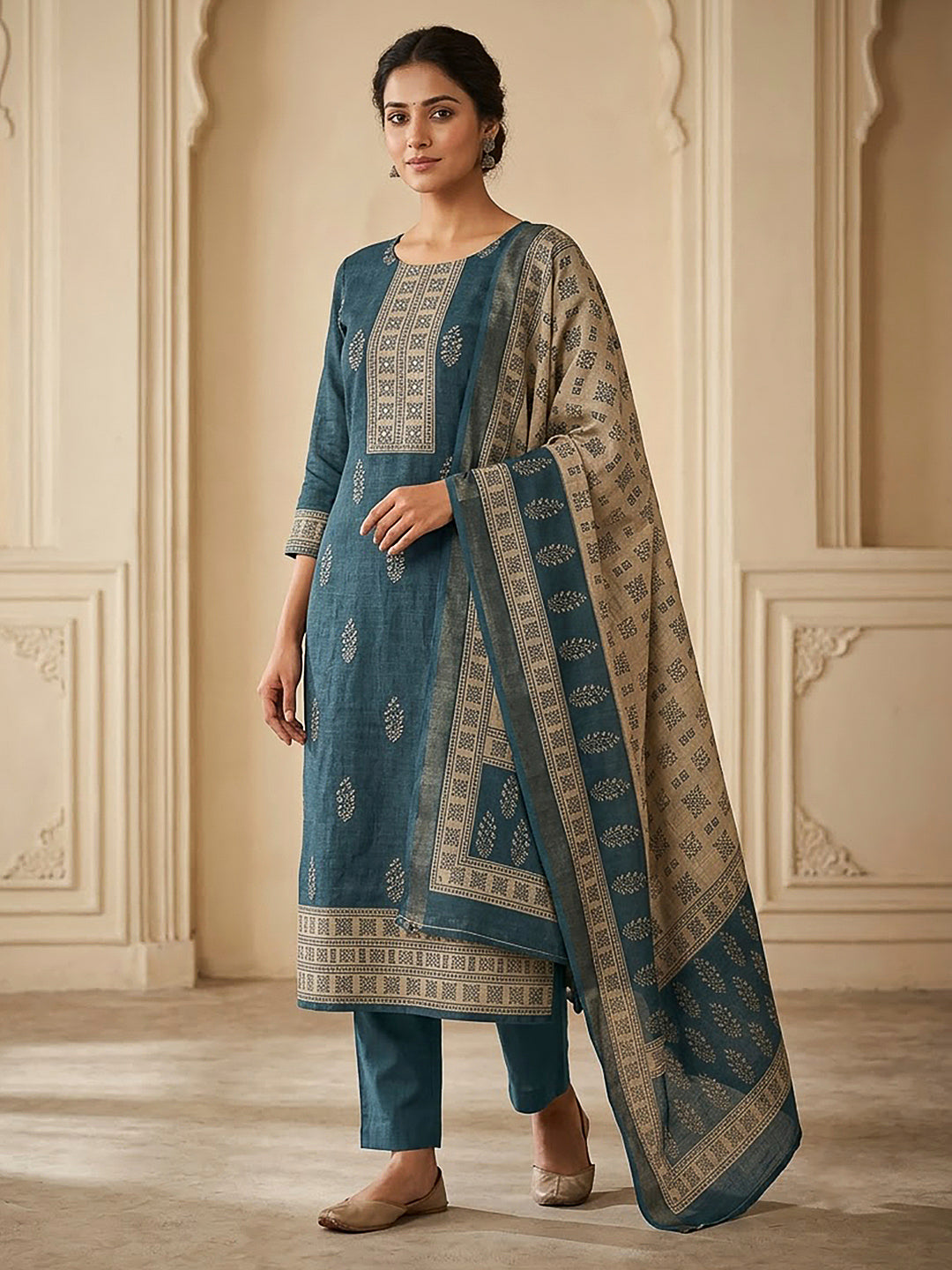 Grey Linen Blend Printed Unstitched Dress Material