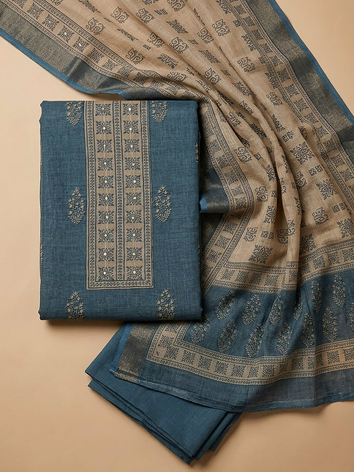 Grey Linen Blend Printed Unstitched Dress Material