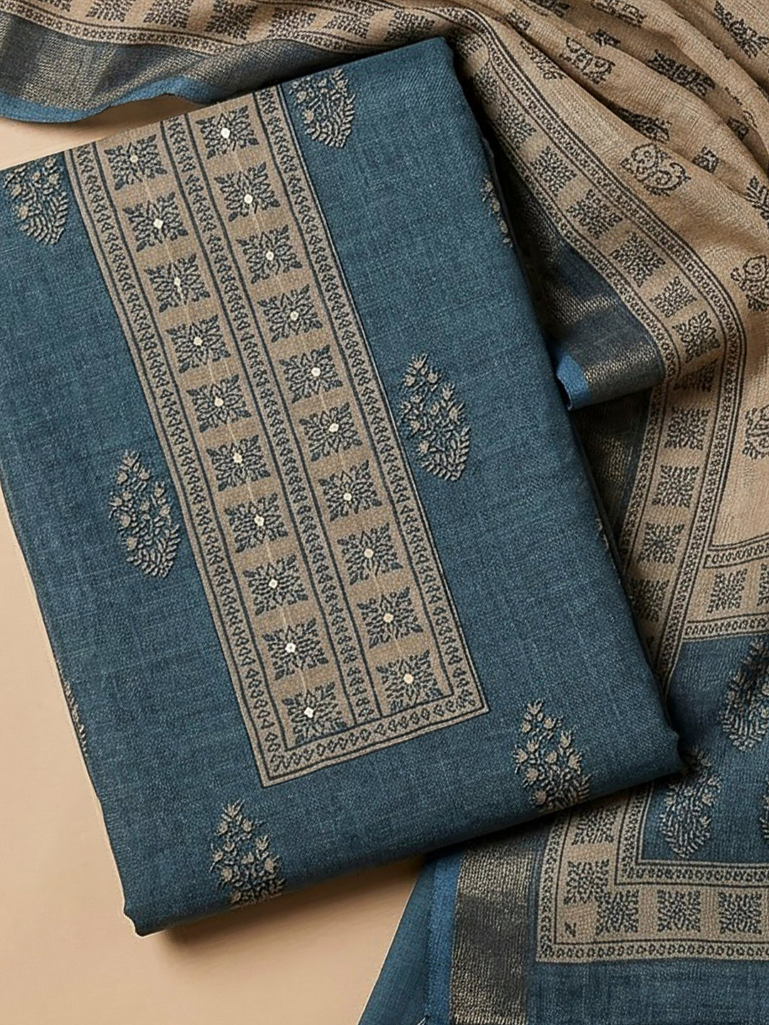 Grey Linen Blend Printed Unstitched Dress Material