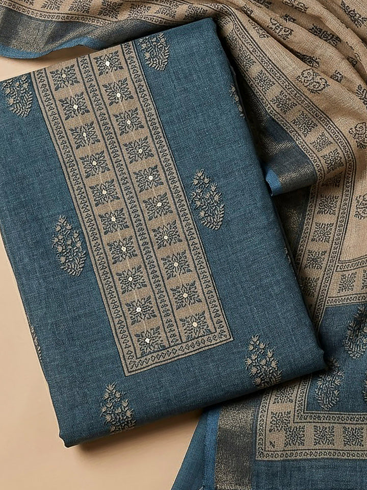 Grey Linen Blend Printed Unstitched Dress Material