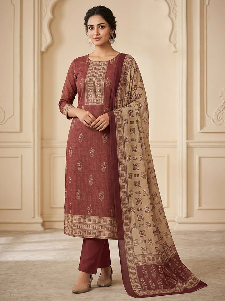 Maroon Linen Blend Printed Unstitched Dress Material