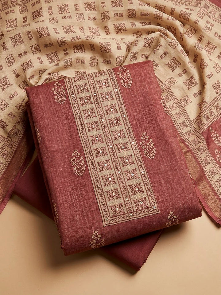 Maroon Linen Blend Printed Unstitched Dress Material