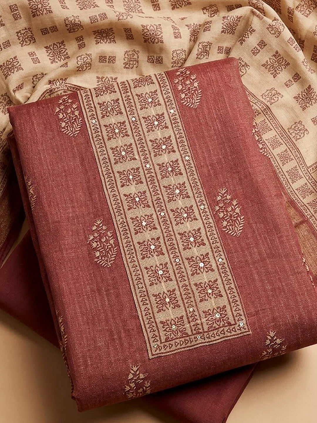Maroon Linen Blend Printed Unstitched Dress Material