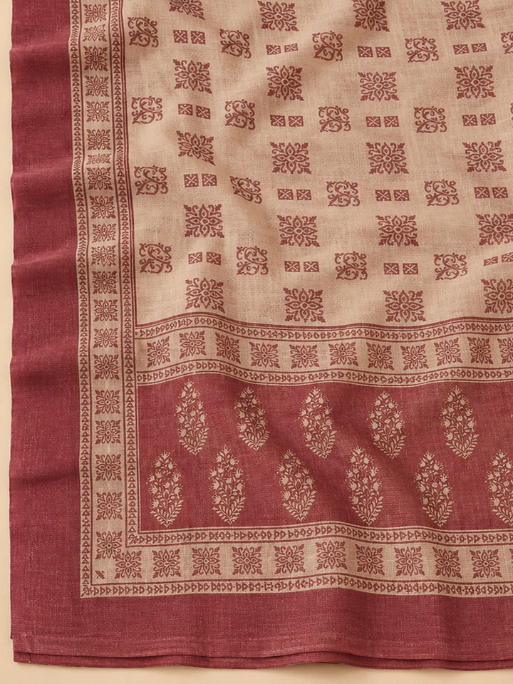 Maroon Linen Blend Printed Unstitched Dress Material