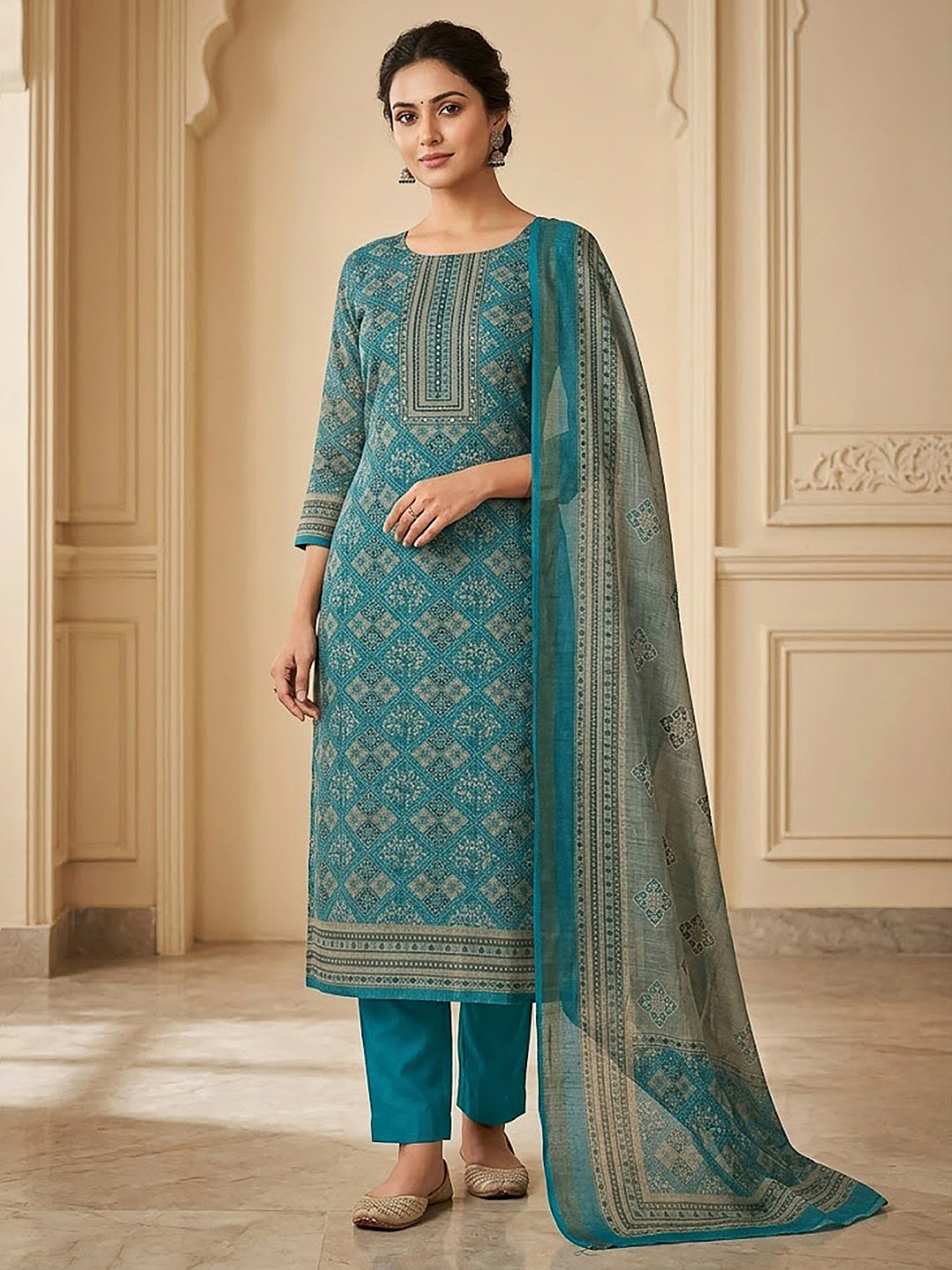 Blue Linen Blend Printed Unstitched Dress Material