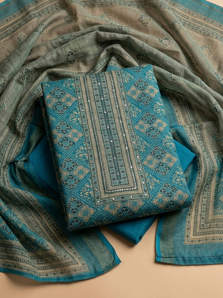 Blue Linen Blend Printed Unstitched Dress Material