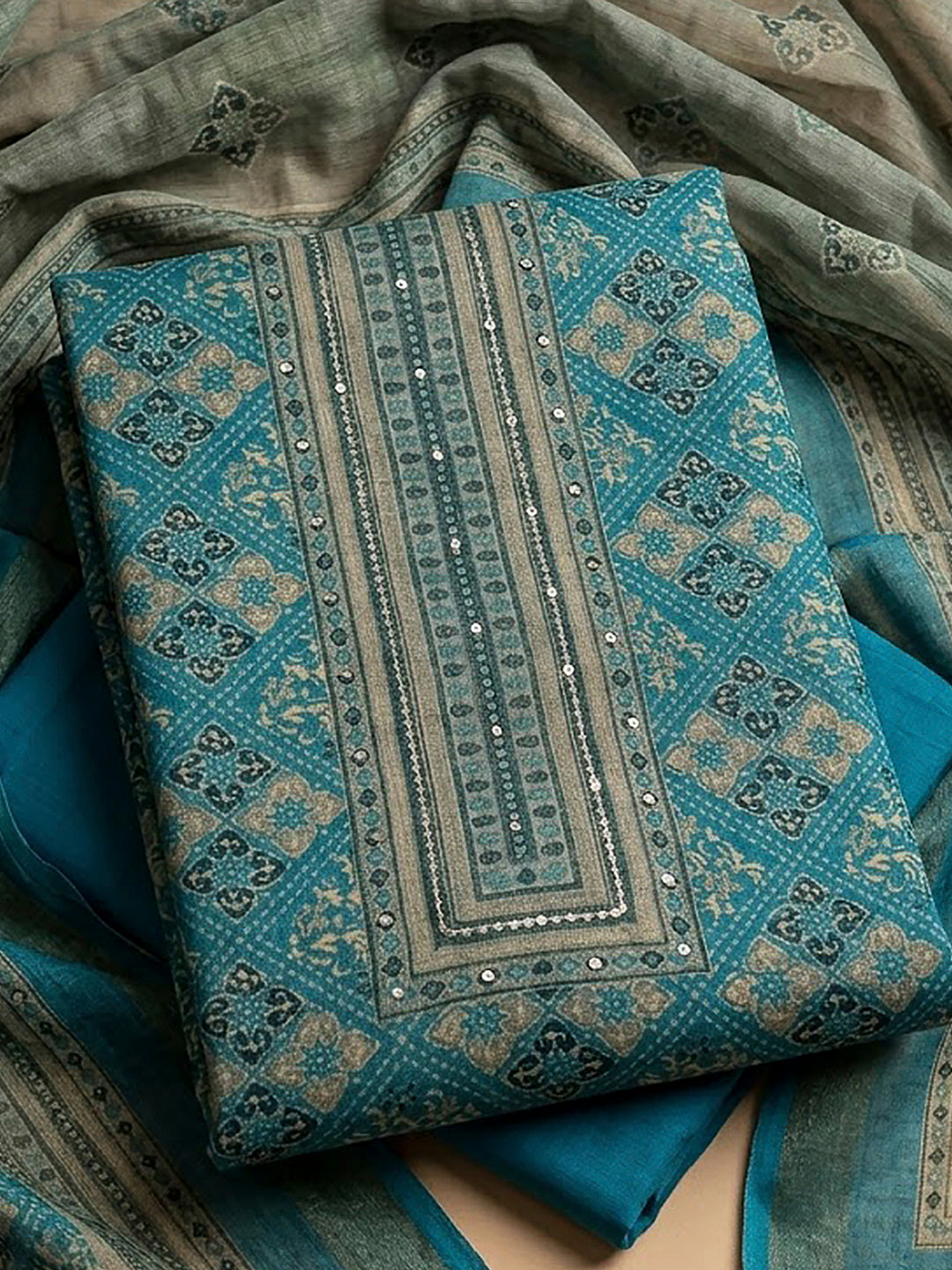 Blue Linen Blend Printed Unstitched Dress Material
