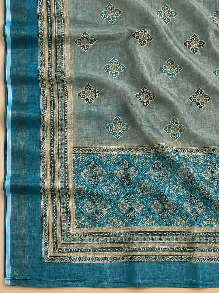 Blue Linen Blend Printed Unstitched Dress Material