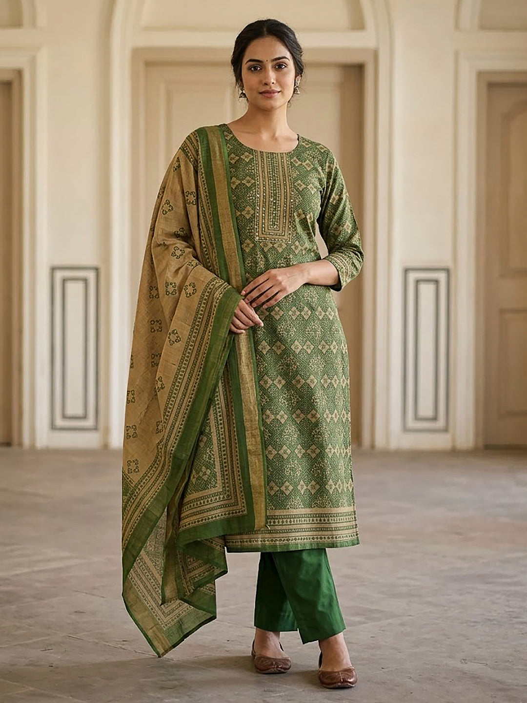 Green Linen Blend Printed Unstitched Dress Material