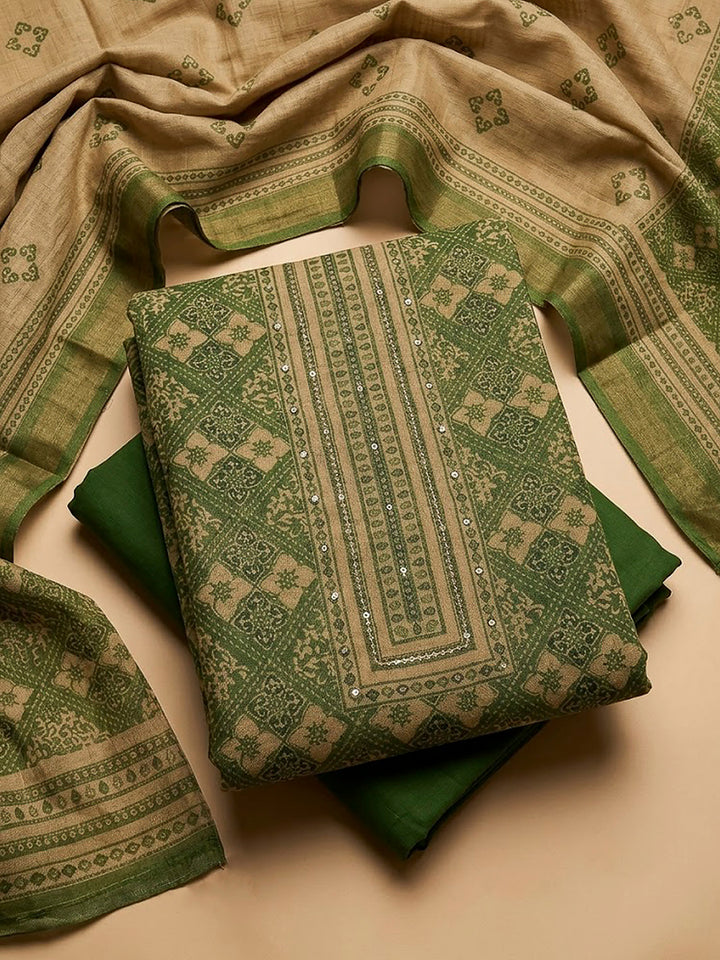 Green Linen Blend Printed Unstitched Dress Material