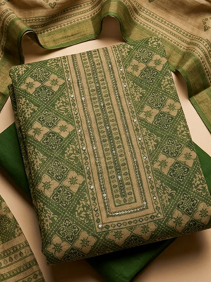 Green Linen Blend Printed Unstitched Dress Material
