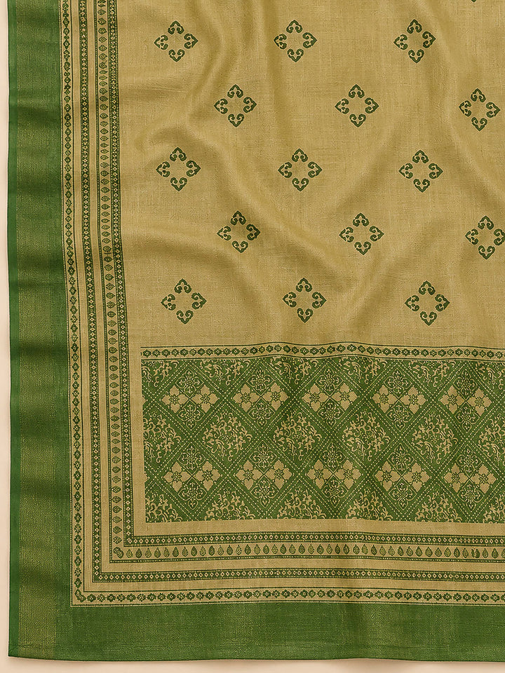 Green Linen Blend Printed Unstitched Dress Material