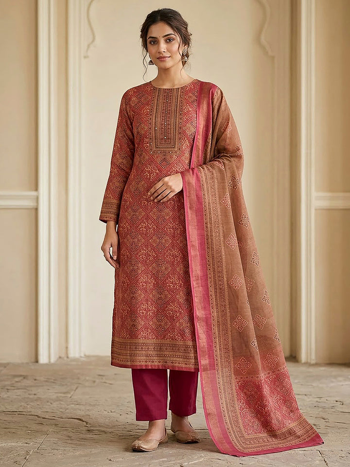 Hot Pink Linen Blend Printed Unstitched Dress Material