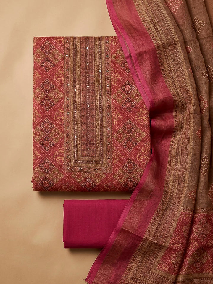 Hot Pink Linen Blend Printed Unstitched Dress Material