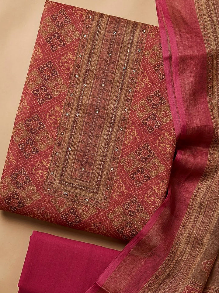 Hot Pink Linen Blend Printed Unstitched Dress Material