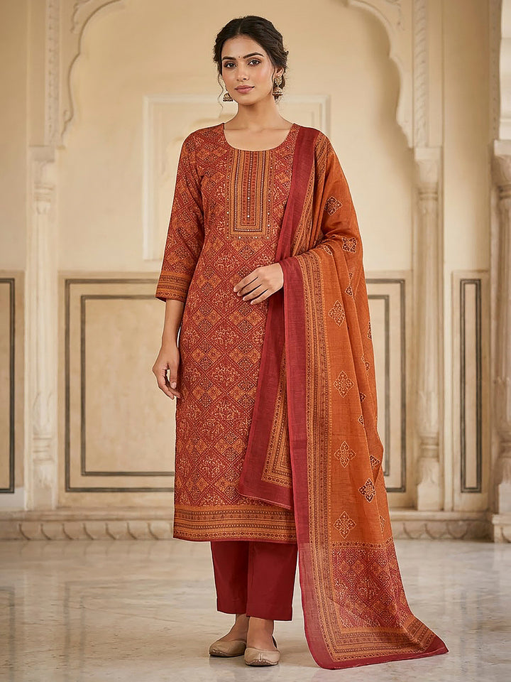Red Linen Blend Printed Unstitched Dress Material