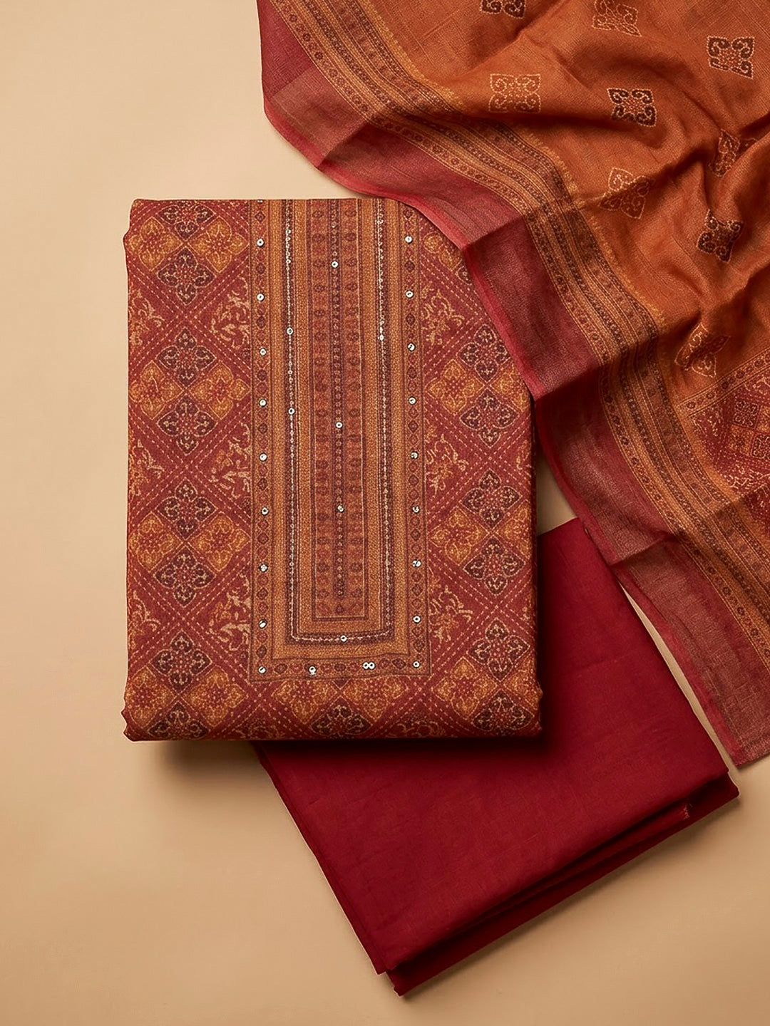 Red Linen Blend Printed Unstitched Dress Material