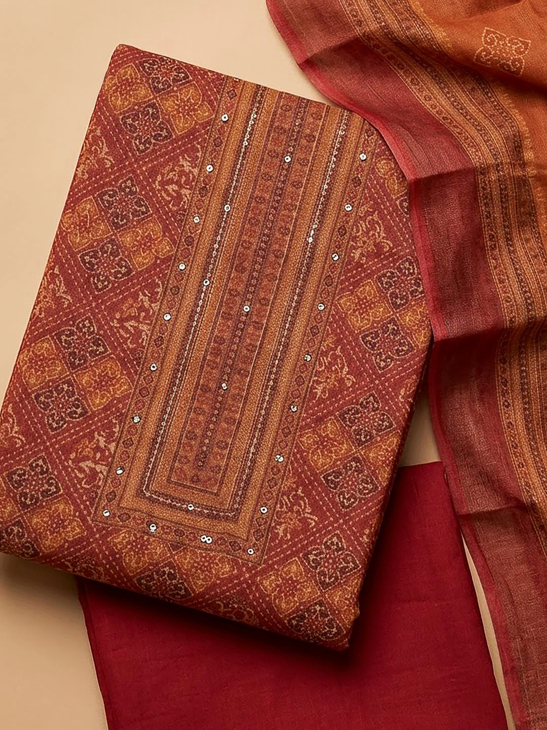 Red Linen Blend Printed Unstitched Dress Material