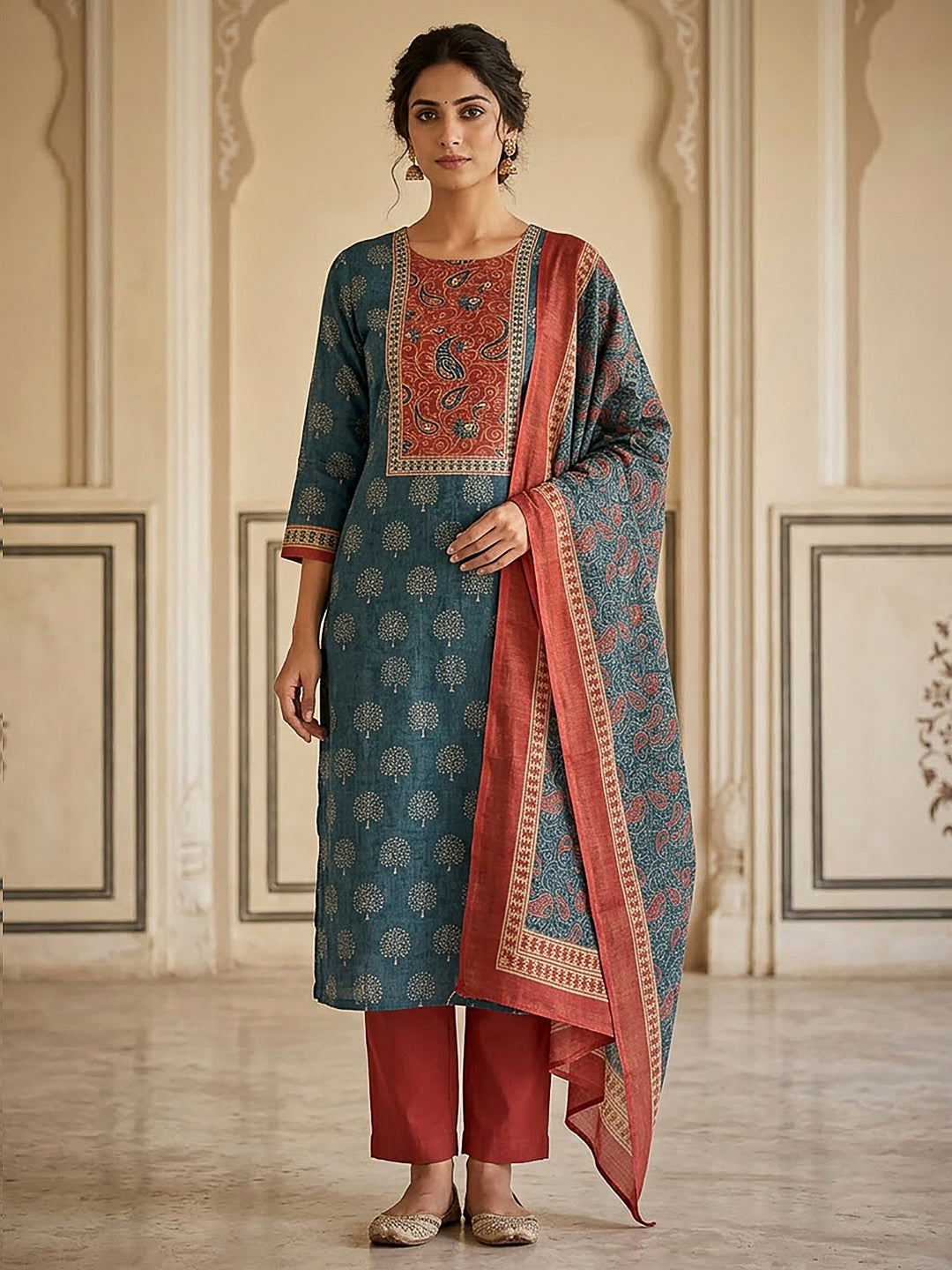 Blue Linen Blend Printed Unstitched Dress Material