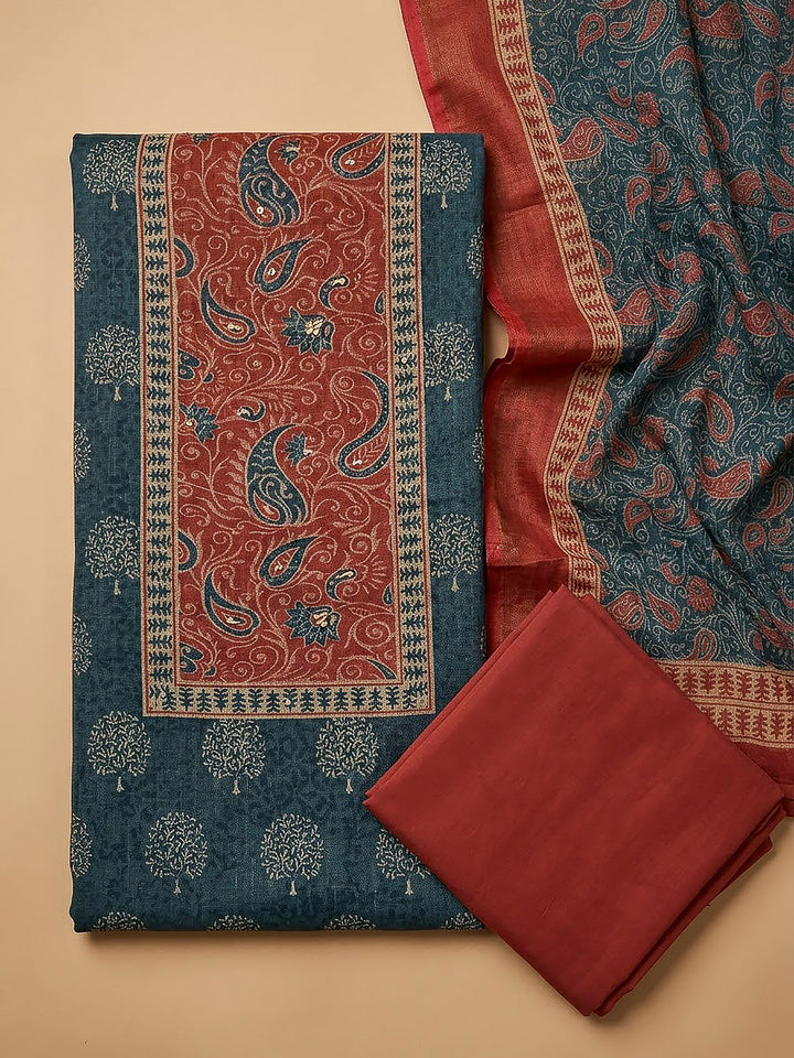 Blue Linen Blend Printed Unstitched Dress Material