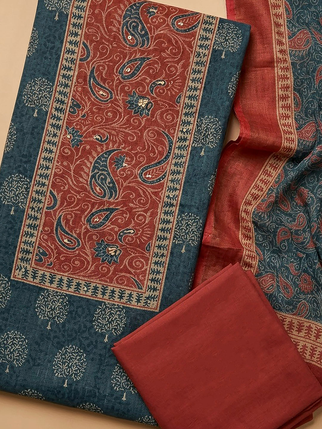 Blue Linen Blend Printed Unstitched Dress Material
