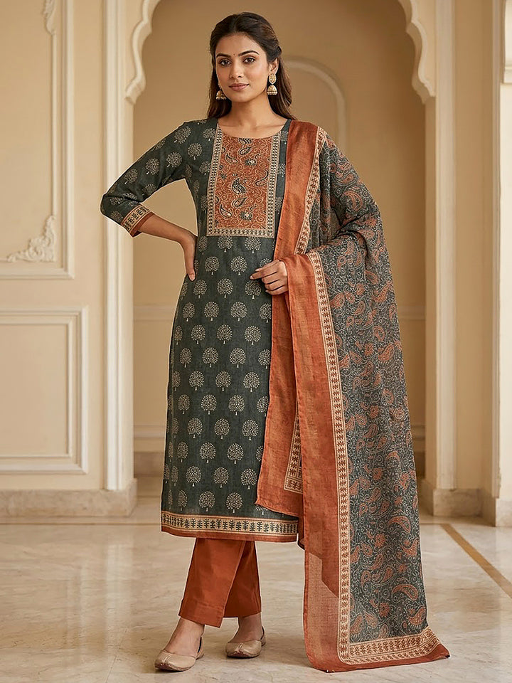 Grey Linen Blend Printed Unstitched Dress Material