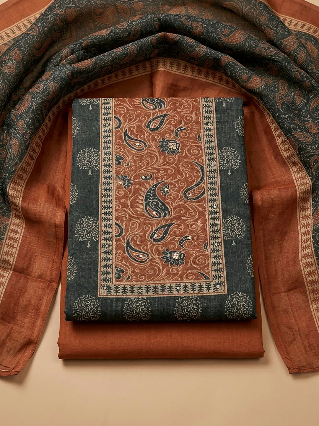 Grey Linen Blend Printed Unstitched Dress Material