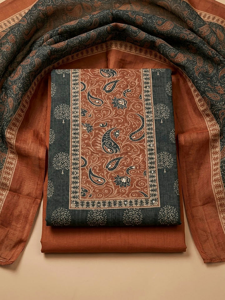 Grey Linen Blend Printed Unstitched Dress Material
