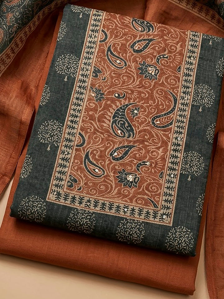 Grey Linen Blend Printed Unstitched Dress Material