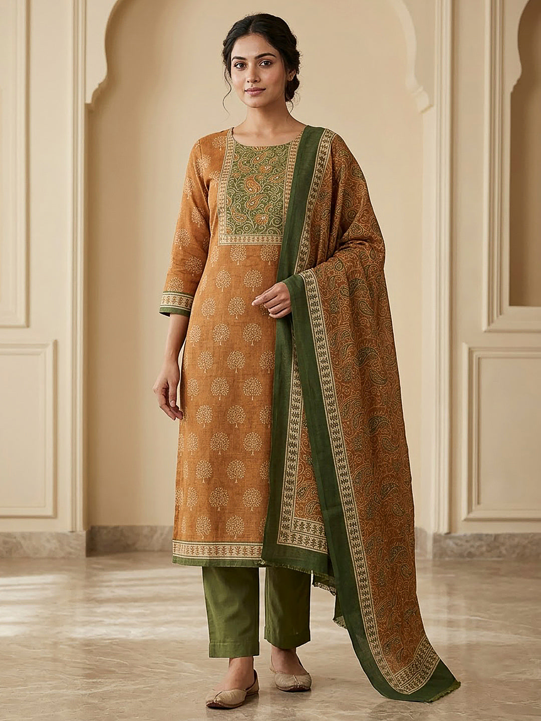 Mustard Linen Blend Printed Unstitched Dress Material