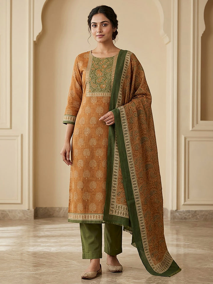 Mustard Linen Blend Printed Unstitched Dress Material