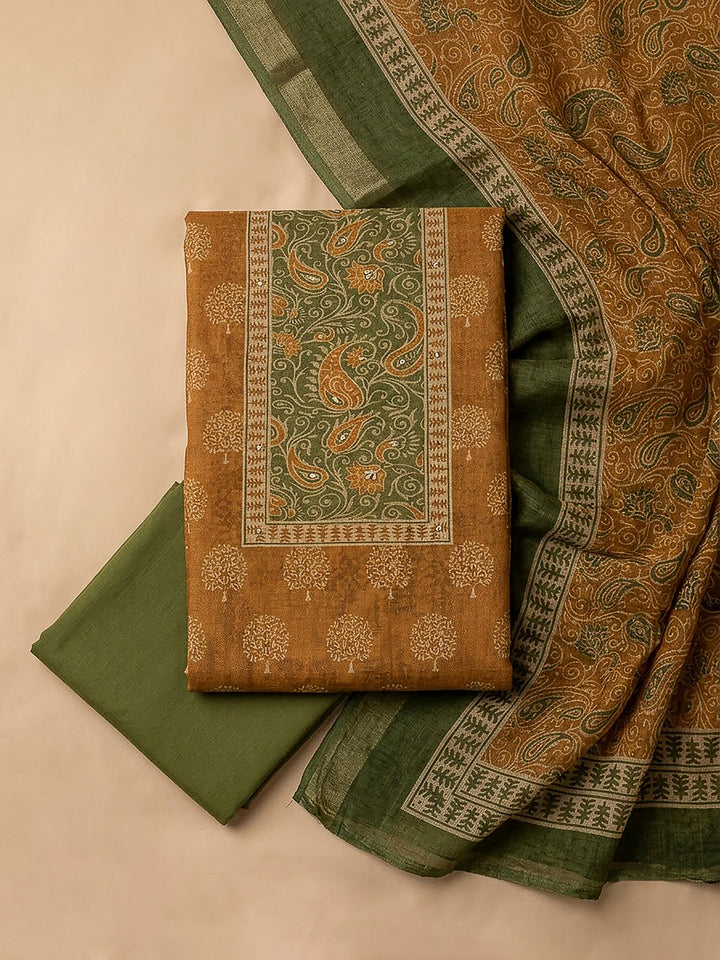 Mustard Linen Blend Printed Unstitched Dress Material