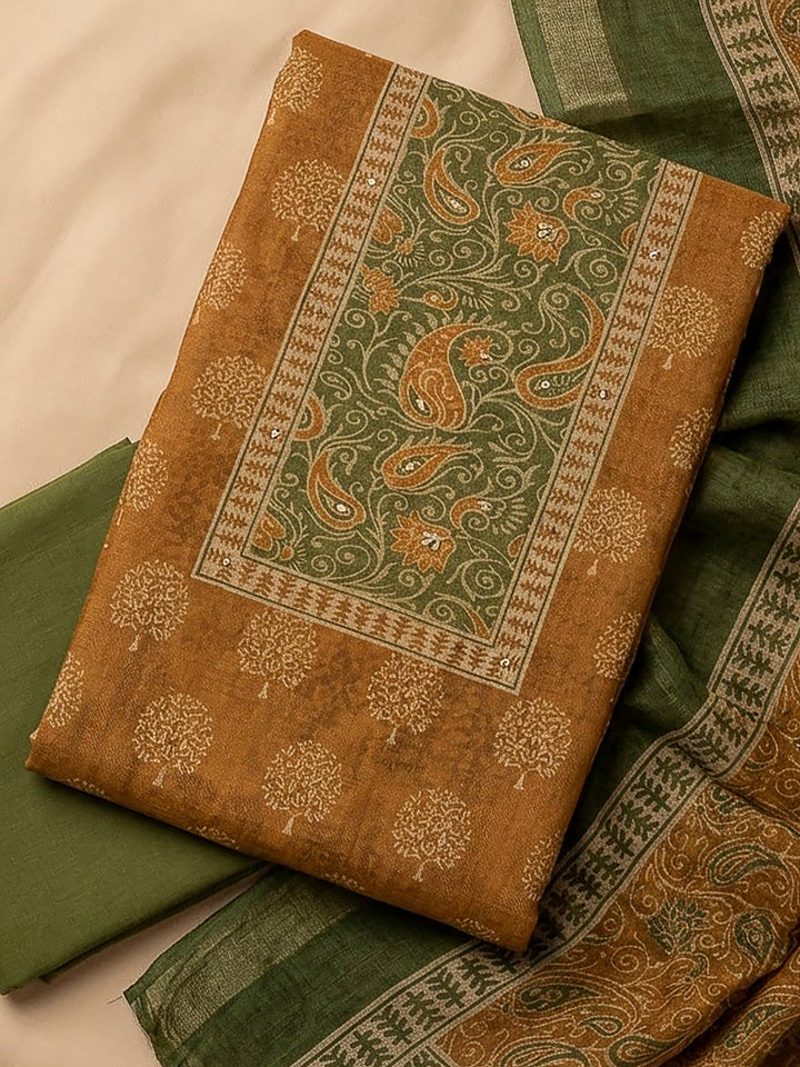 Mustard Linen Blend Printed Unstitched Dress Material