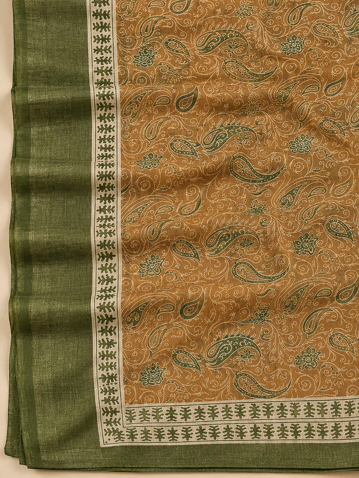 Mustard Linen Blend Printed Unstitched Dress Material