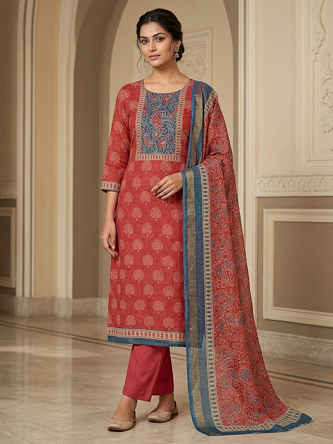 Red Linen Blend Printed Unstitched Dress Material