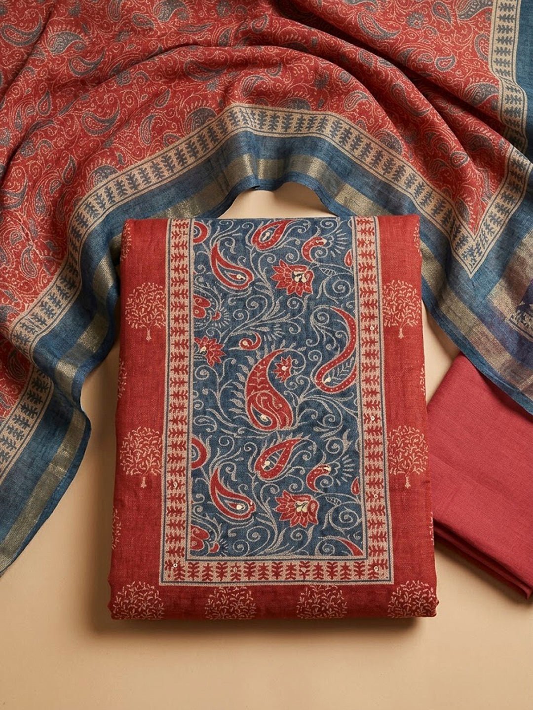 Red Linen Blend Printed Unstitched Dress Material