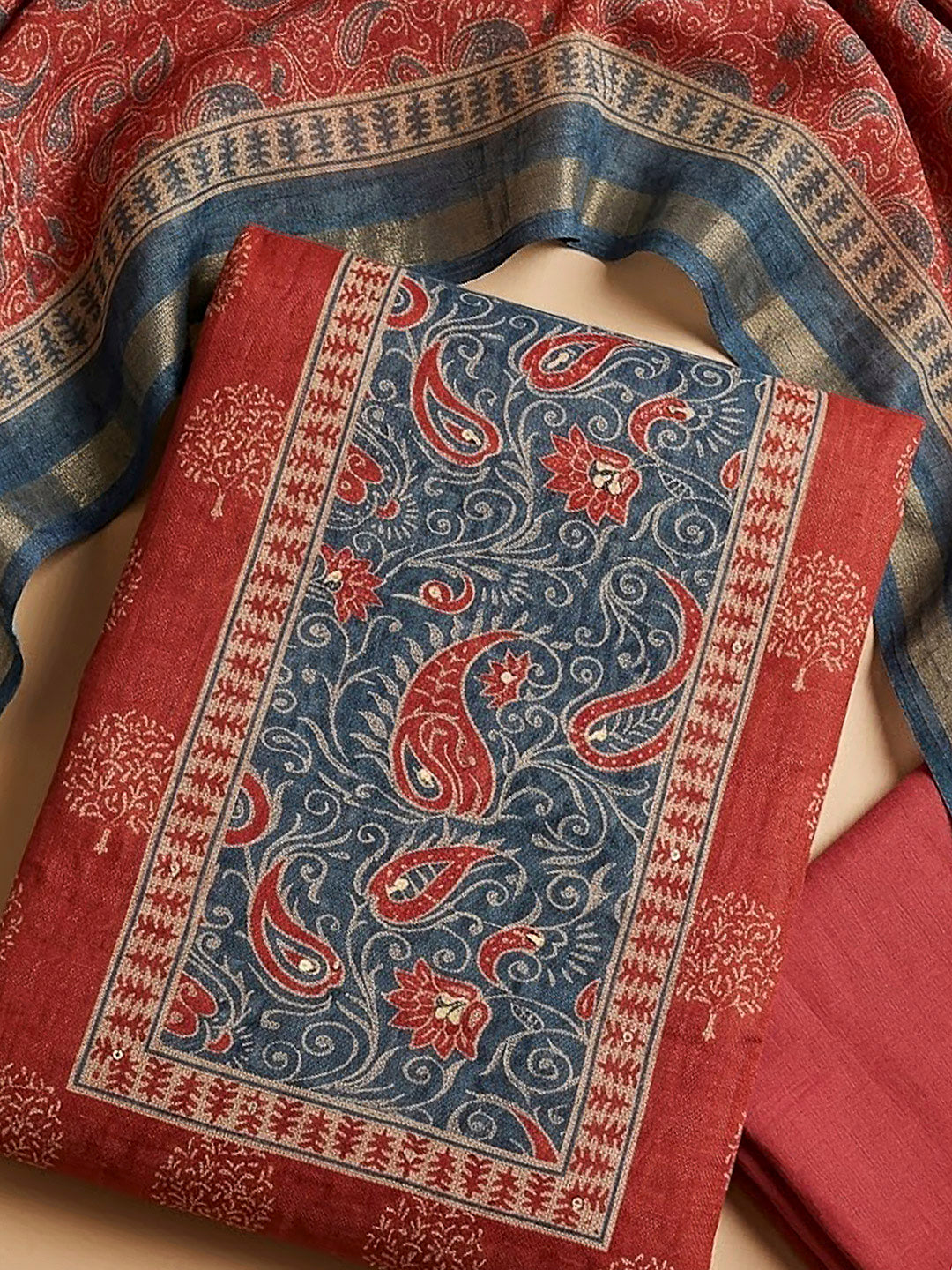 Red Linen Blend Printed Unstitched Dress Material