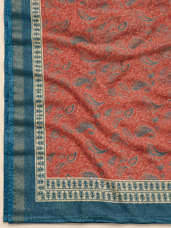 Red Linen Blend Printed Unstitched Dress Material