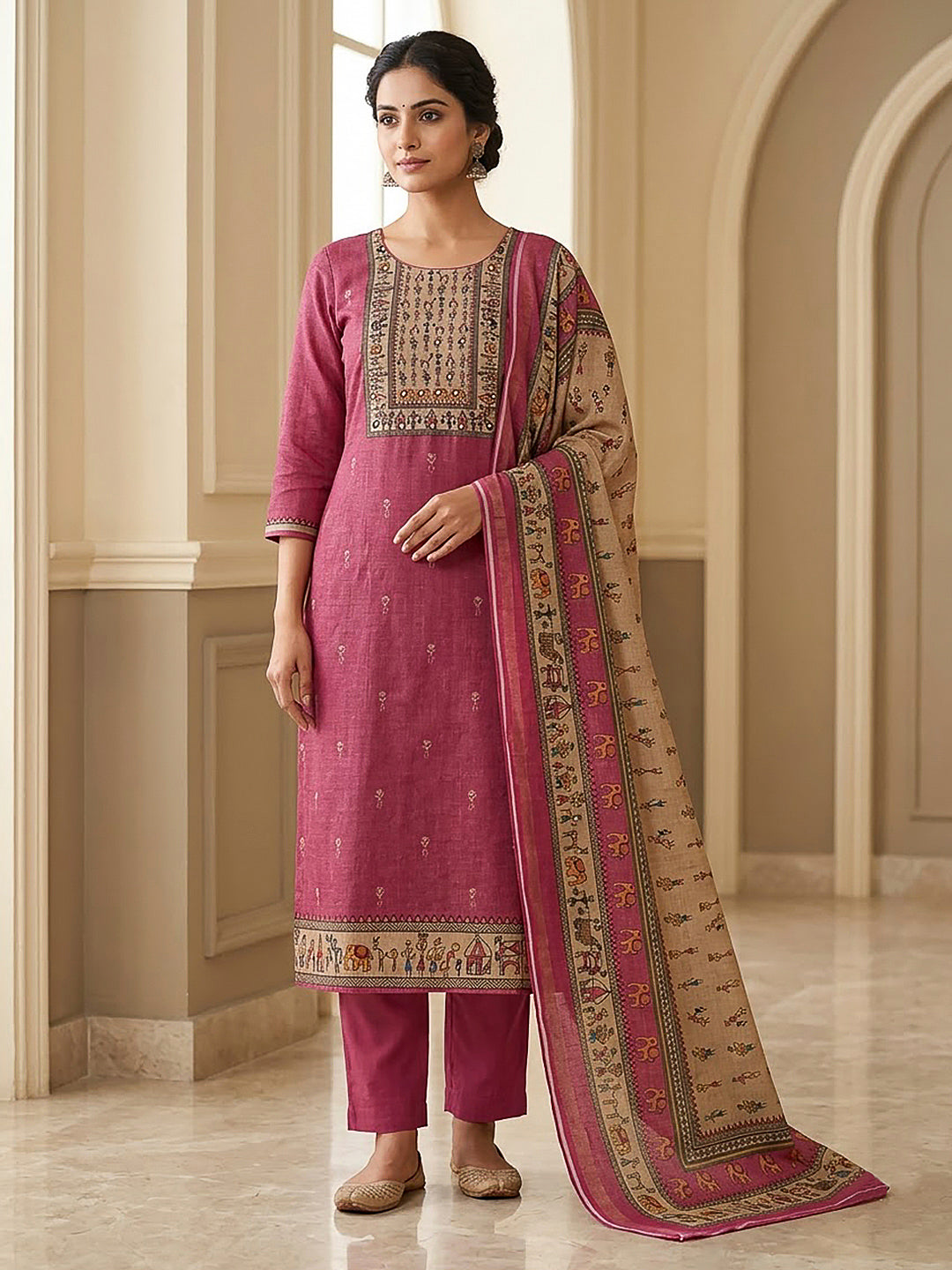 Pink Linen Blend Printed Unstitched Dress Material