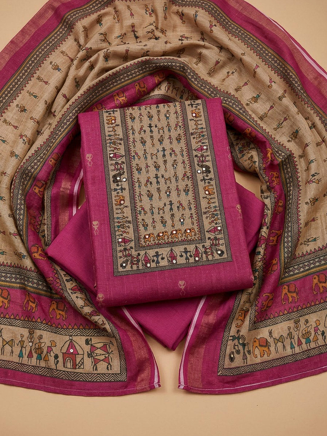 Pink Linen Blend Printed Unstitched Dress Material