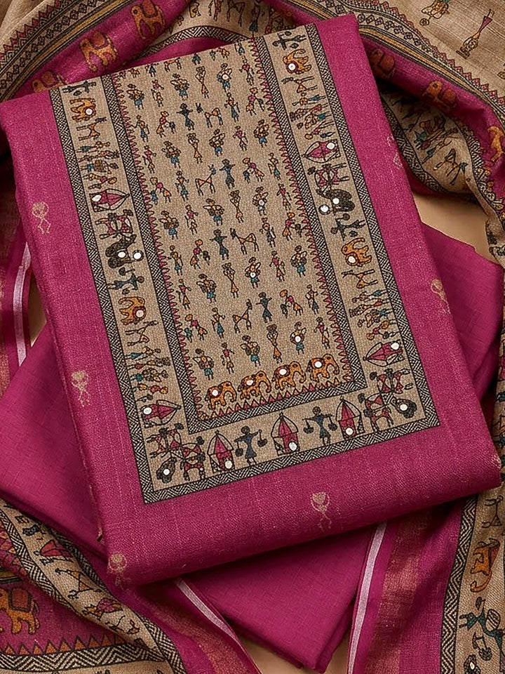 Pink Linen Blend Printed Unstitched Dress Material