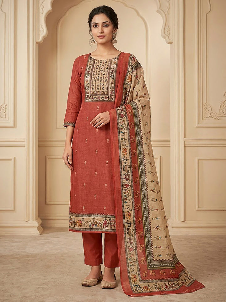 Red Linen Blend Printed Unstitched Dress Material