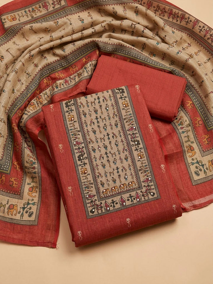 Red Linen Blend Printed Unstitched Dress Material