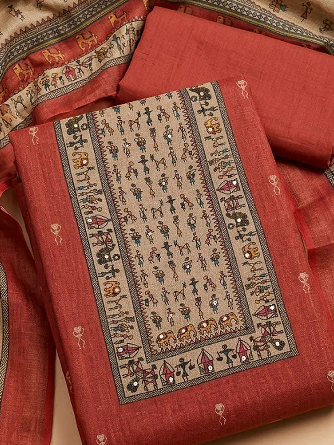 Red Linen Blend Printed Unstitched Dress Material