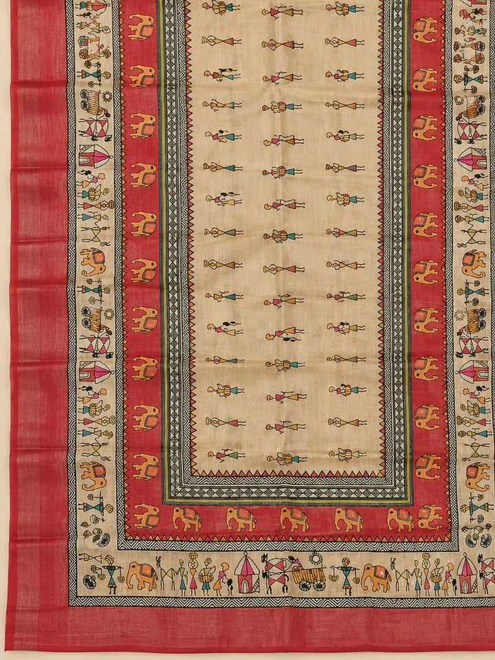 Red Linen Blend Printed Unstitched Dress Material