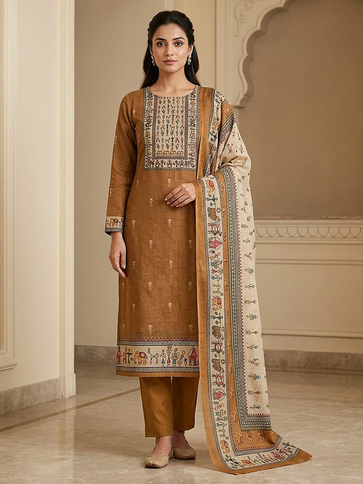 Rust Linen Blend Printed Unstitched Dress Material