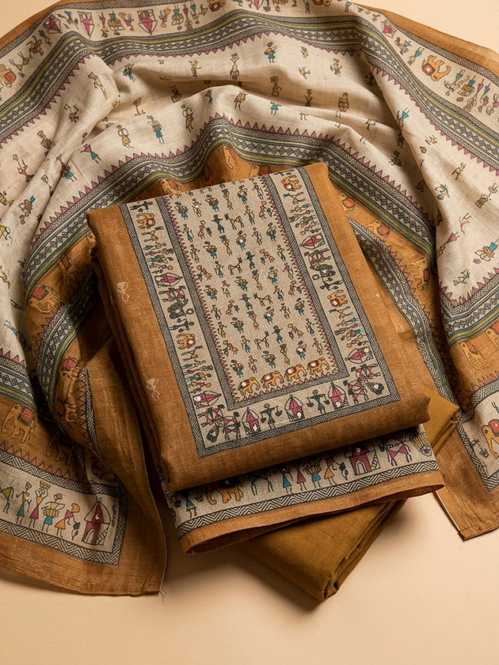 Rust Linen Blend Printed Unstitched Dress Material