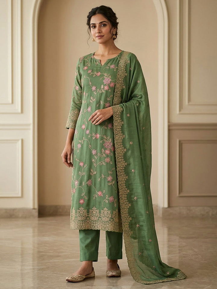 Green Organza Embroidered Unstitched Dress Material