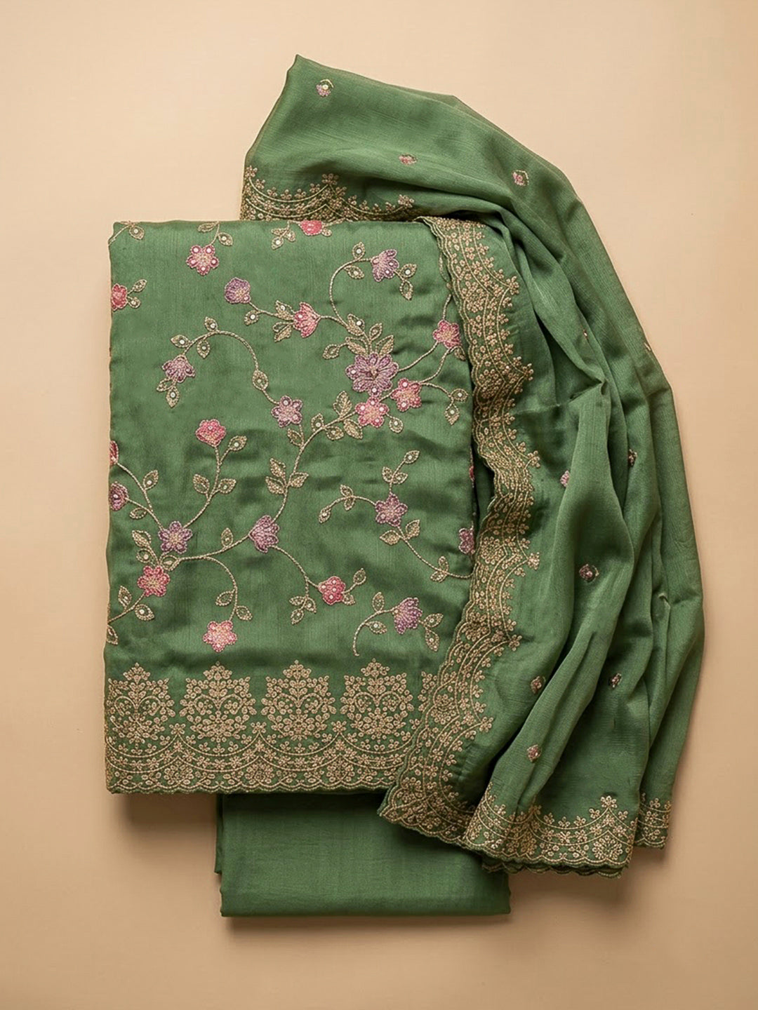 Green Organza Embroidered Unstitched Dress Material