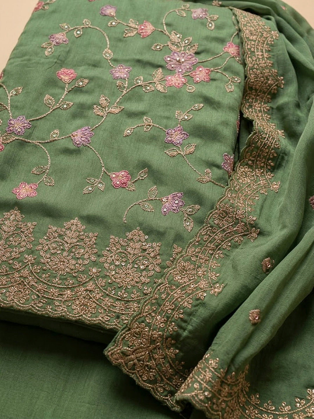 Green Organza Embroidered Unstitched Dress Material